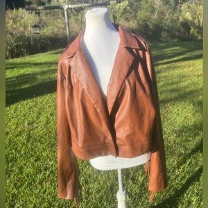 Fashion to Figure Faux Leather Pleather Fringed Jacket Size 2 Brown Pleather